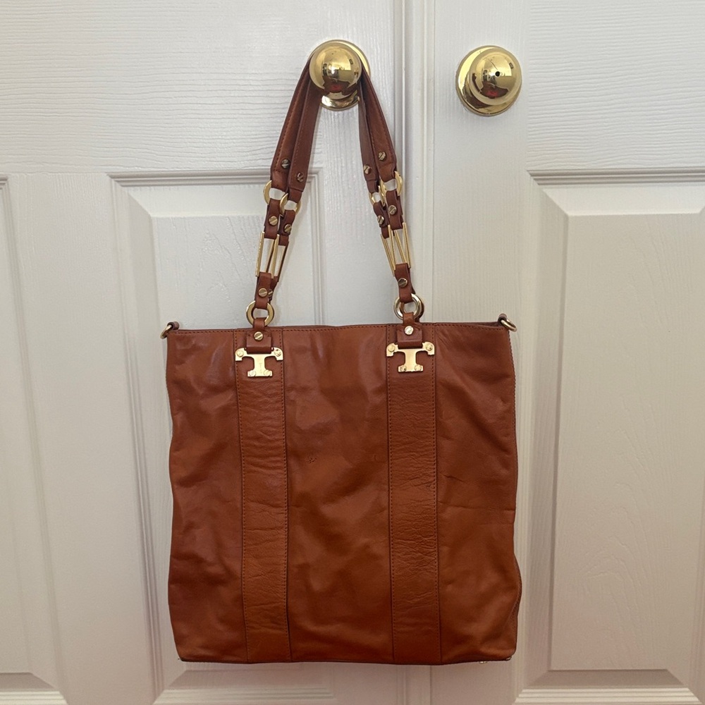 Vintage Tory Burch Cognac Leather Tote with Gold Hardware - Picture 1 of 11